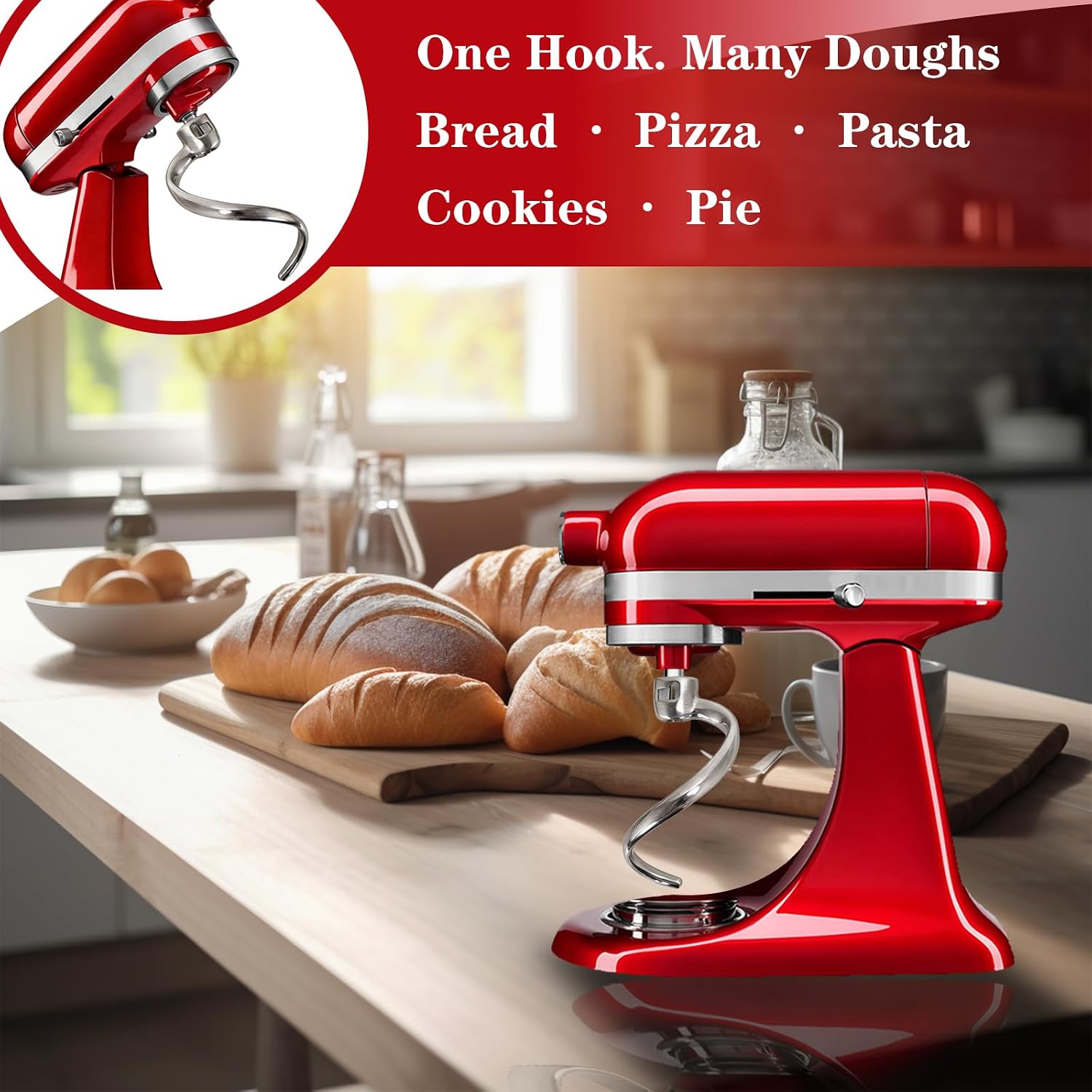 Kitchenaid Mixer Hand Mixer - ตะขอเกี่ยวแป้งสแตนเลสแบบเกลียวสำหรับเครื่องผสมอาหาร KitchenAid แบบหัวเอียง ขนาด 4.5 และ